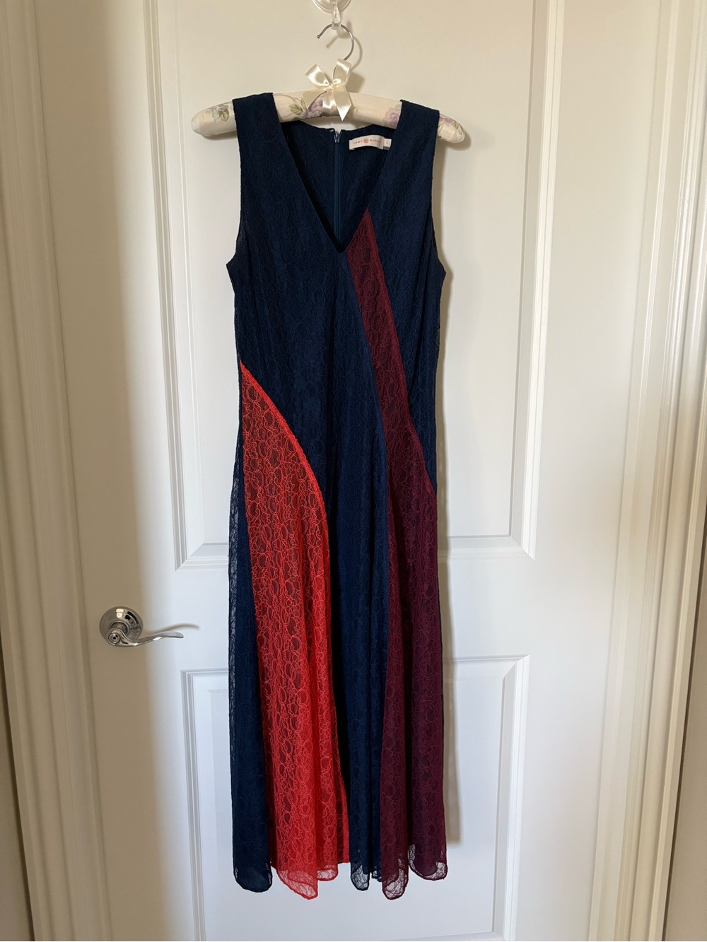Tory Burch Navy Maxi Dress with Red and Burgundy Lace Panels